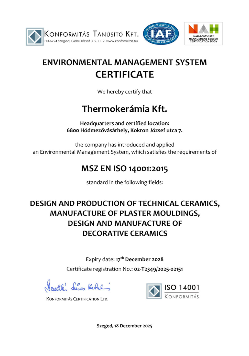 ISO 14001 certificate